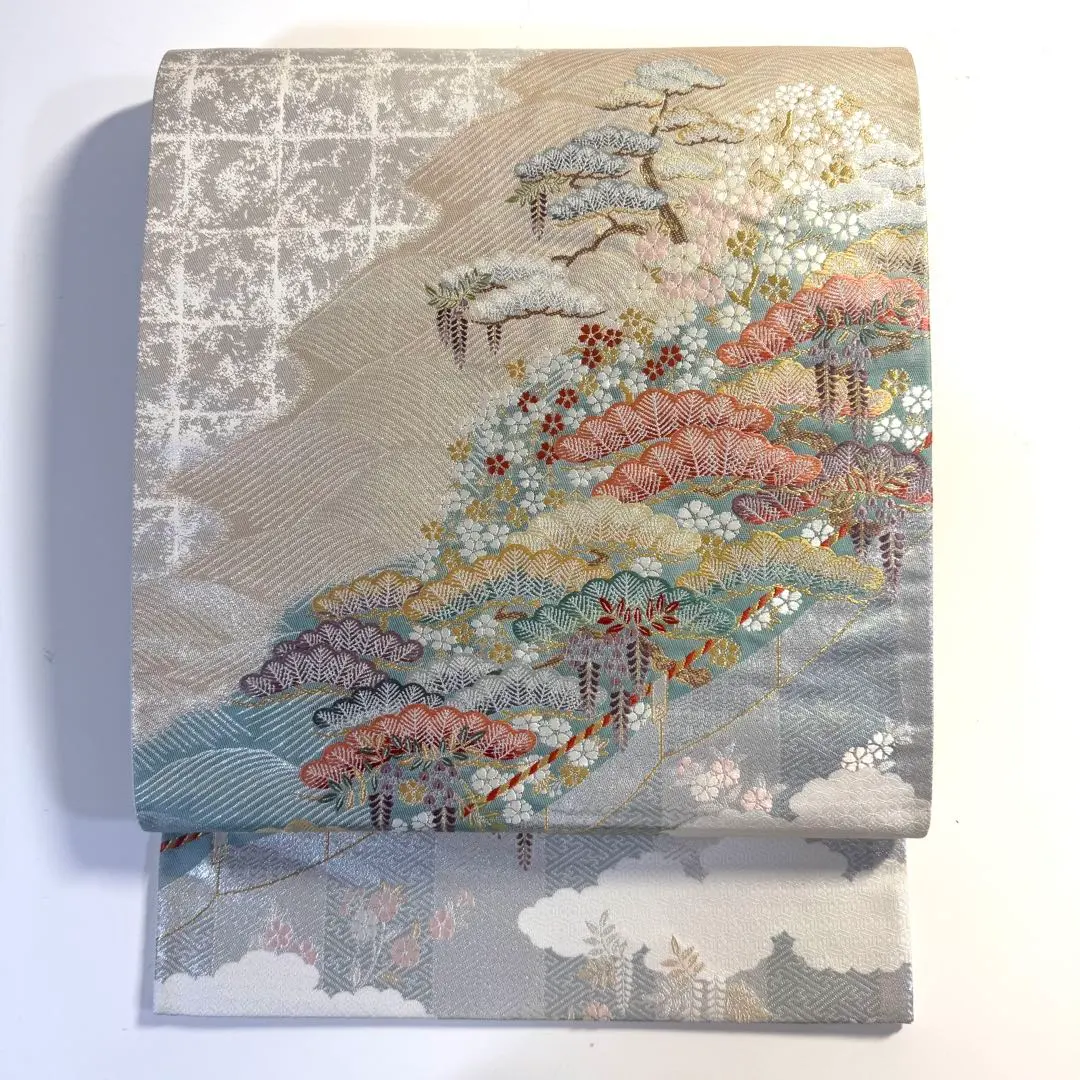 Thumbnail of 5k2270 Fukuro Obi (Japanese formal obi) - Silk - Silver, Gold, White, Red, Green, Purple - Floral Pattern - Japanese Clothing - Kimono