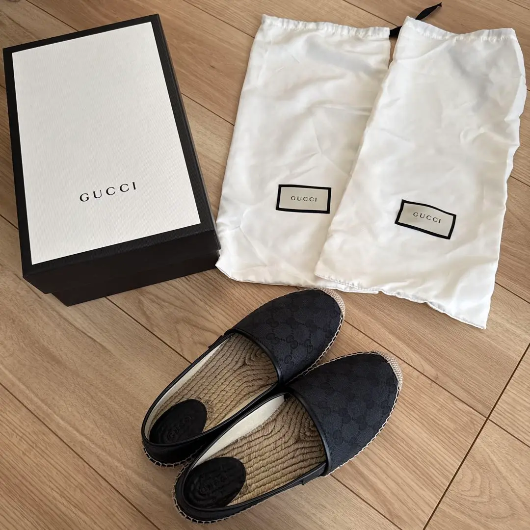 GUCCIスリッポン！エスパドリーユ！黒！新品同様！8 1/2 GUCCI】 ブラックレザー スリッポン エスパドリーユ 37 5(24 5cm