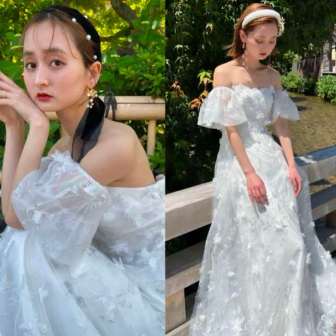 ドレスプロダクション/W272/ドレスカバーつき/前撮り/ウェディングドレス フラワーレース パフスリーブドレス（W272）