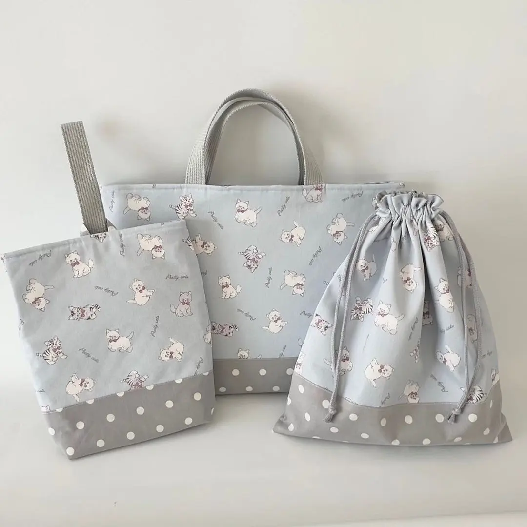 Thumbnail of Entrance and Enrollment Set - 3 Pieces: Lesson Bag, Shoe Bag, Drawstring Bag, Handmade, Cat Gray