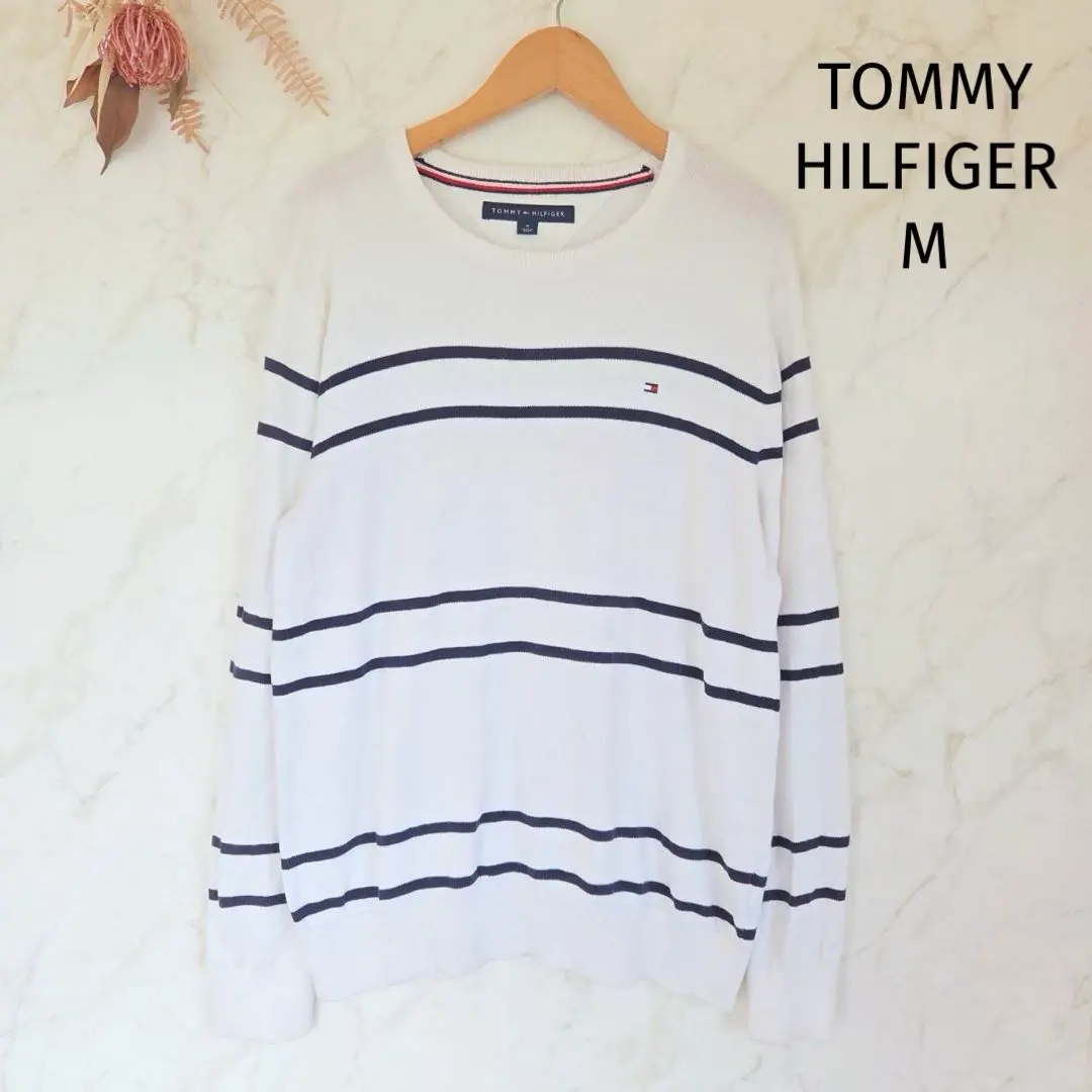 Thumbnail of Tommy Hilfiger Knit Sweater M Long Sleeve Border Crew Neck Men's White