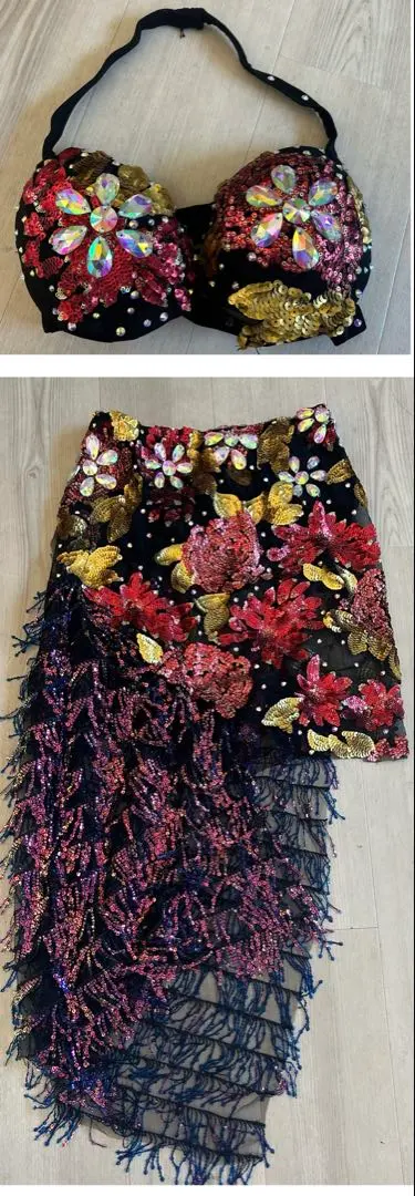 黑色✖️紅色刺繡上下肚皮舞服裝 的縮圖