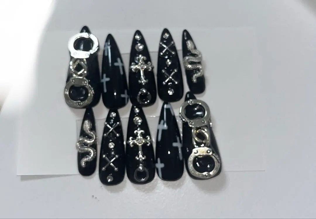 Thumbnail of ♥ Ready-made nail tips, dark black, cross design, mass-produced, gaudy, for "oshi" activities ♥