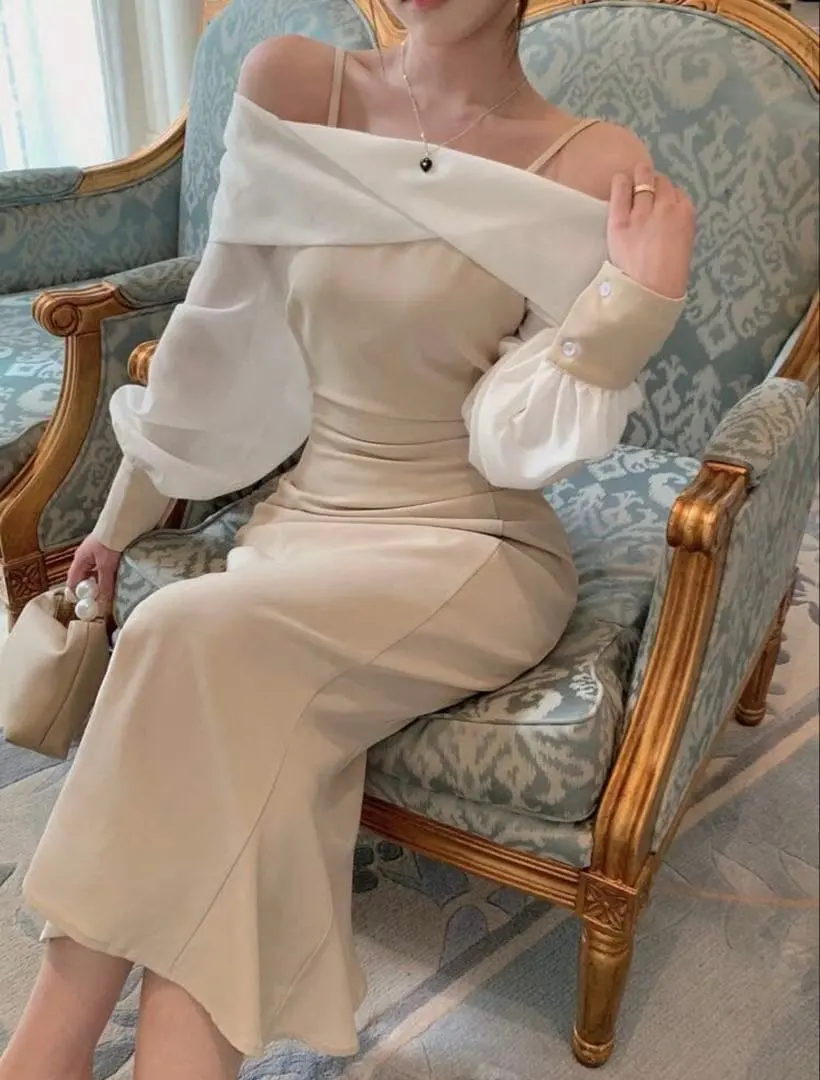 Thumbnail of [Final Price Reduction] Dazy Beige Off-the-Shoulder Bodycon Dress