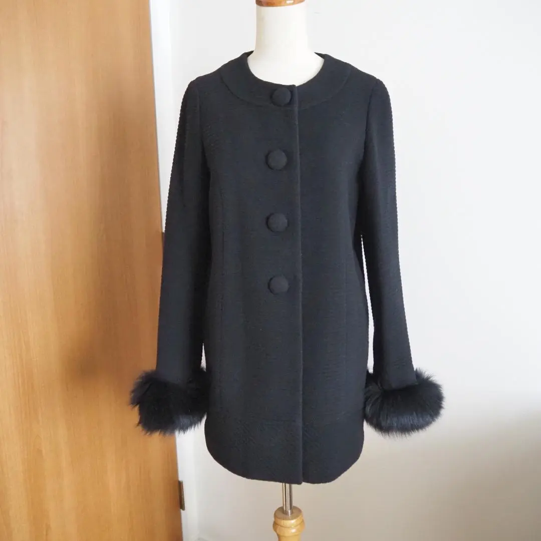 Thumbnail of No-collar Angora-blend Wool Coat with Fox Fur, Black, Size 9 (US 6), 38 (Japan)