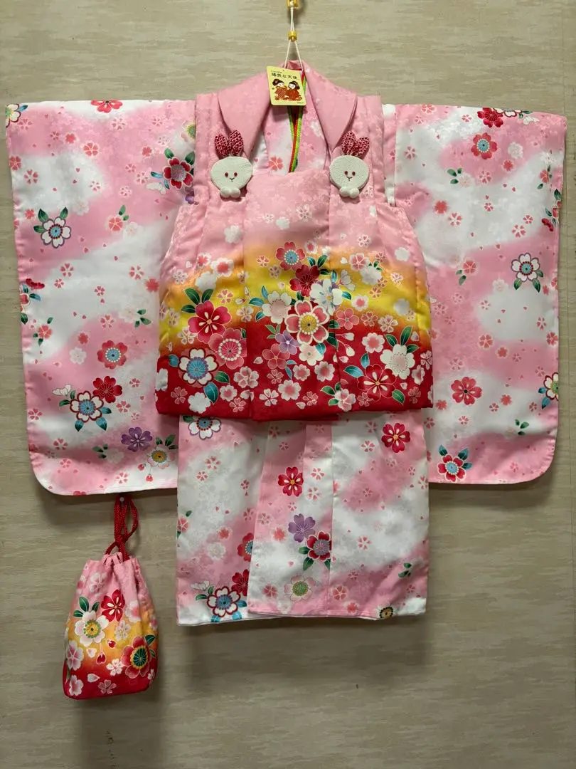 七五三 3歲女孩 和服・披風套裝 白色與粉色 兔子飾品 彩色披風 新品 的縮圖