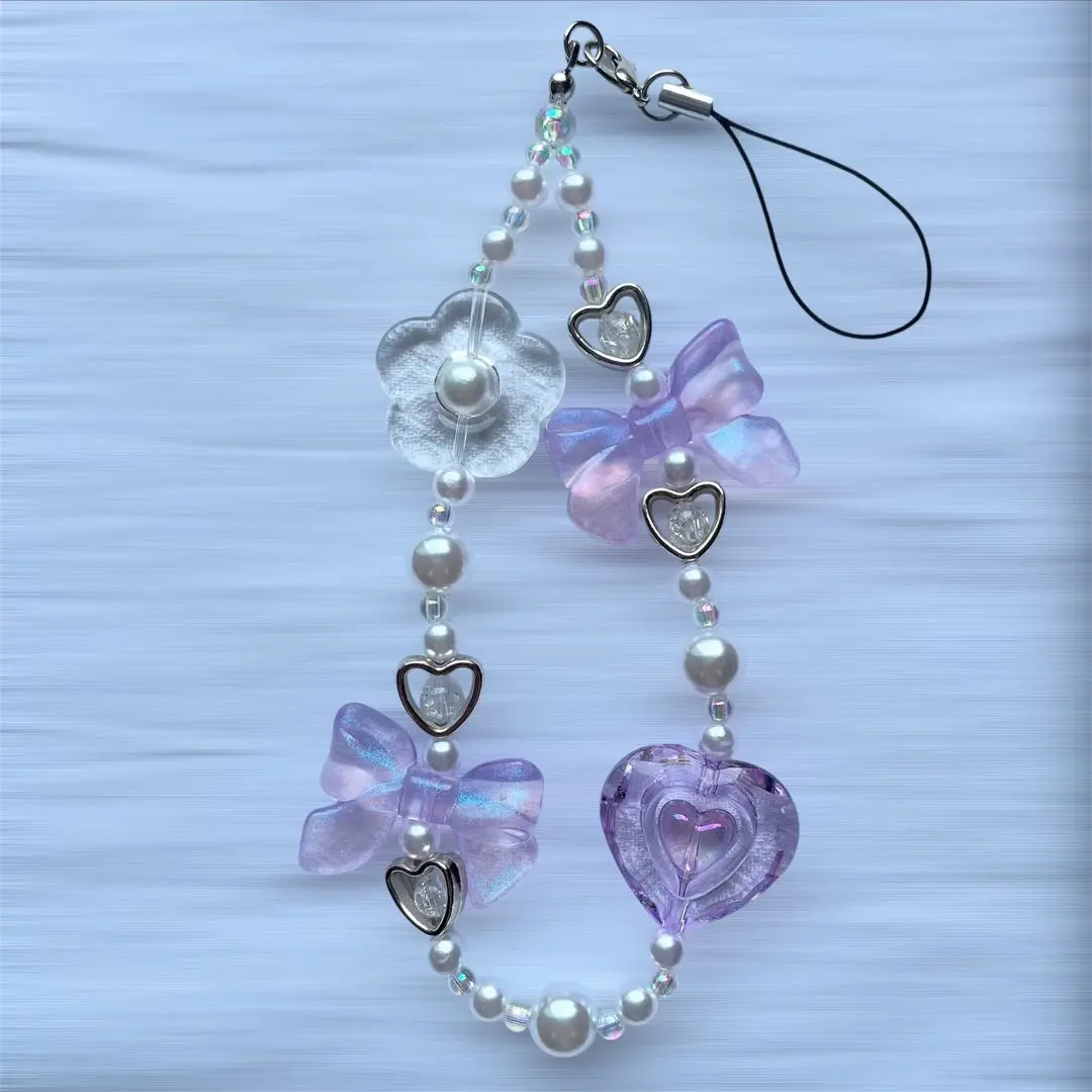 Thumbnail of Beaded strap, smartphone strap, handmade, purple, ribbon, heart, flowers