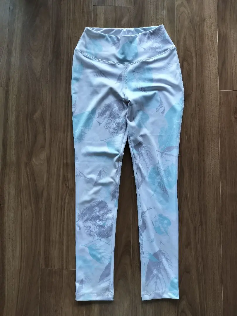 瑜伽服 彈力緊身褲 普拉提 葉子花紋 水色×灰色×白 M 的縮圖