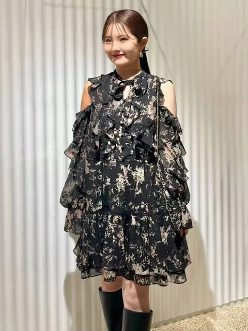 【美品】snidel プリントフリルシフォンミニワンピース （GRY） スナイデル SNIDEL プリントフリルシフォンミニワンピース （GRY