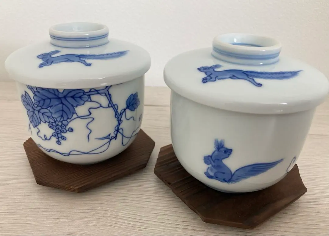 未使用品★辻製磁社★辻常陸★染付栗鼠葡萄文★リスブドウ文★茶碗蒸し★3客 未使用品☆辻製磁社☆辻常陸☆染付栗鼠葡萄文☆リスブドウ文