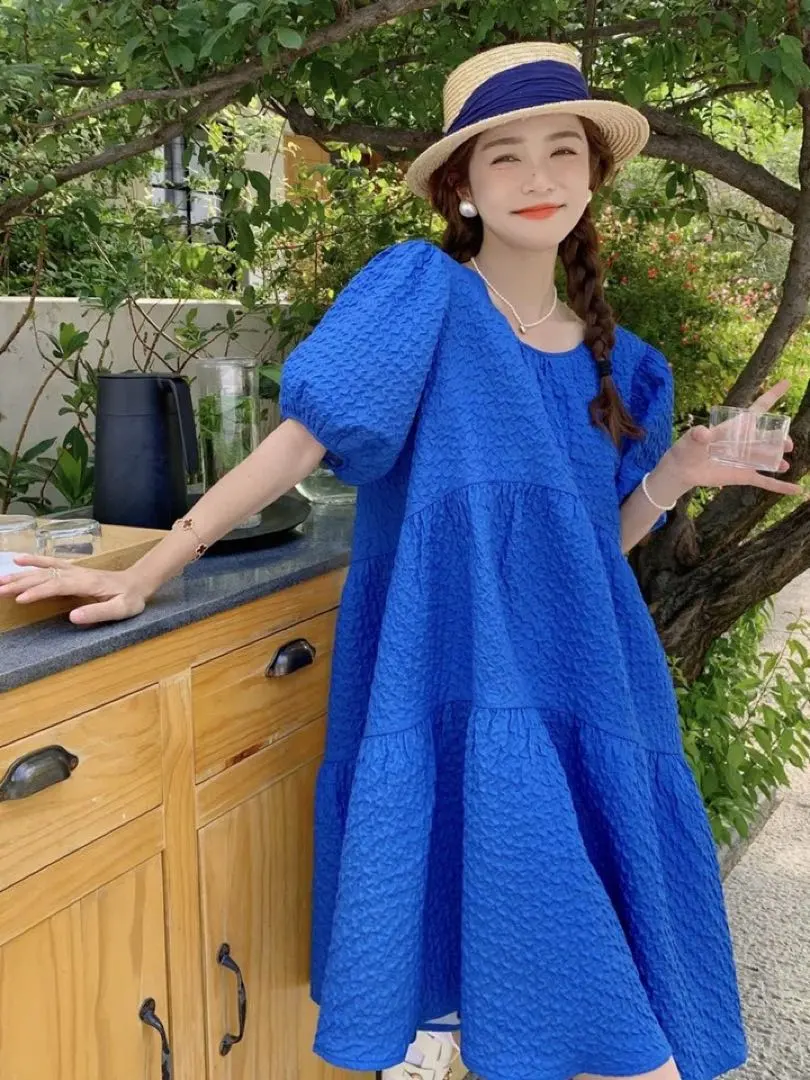 春季出遊必備！寬鬆A字裙 洋裝 大尺碼 鮮豔藍色 的縮圖