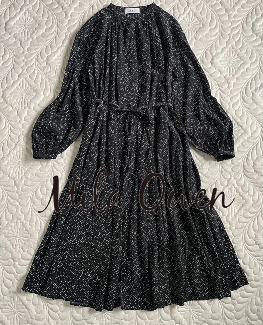 Thumbnail of Mila Owen Dot Long Flare Dress with Band Collar and Belt