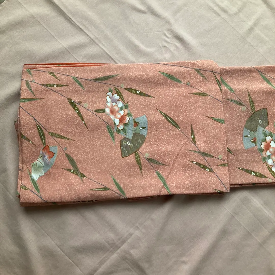 Thumbnail of Washable Kimono: Calm Orange-Pink, Floral and Fan Pattern, Komon