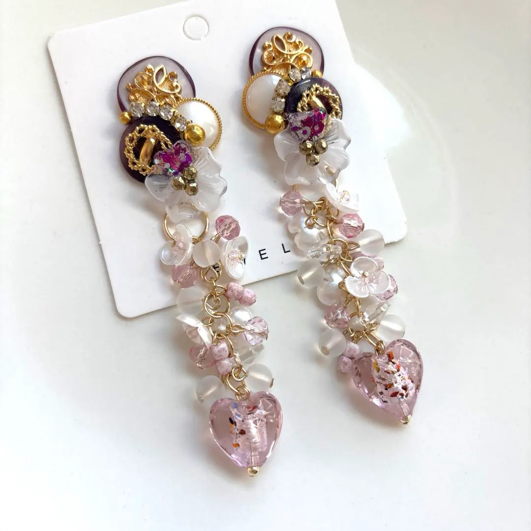 Thumbnail of Flower Resin Long Button x Heart Charm Wedding Earrings/Earrings
