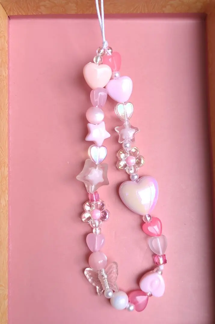 Thumbnail of Pink-themed heart and star bead cell phone strap