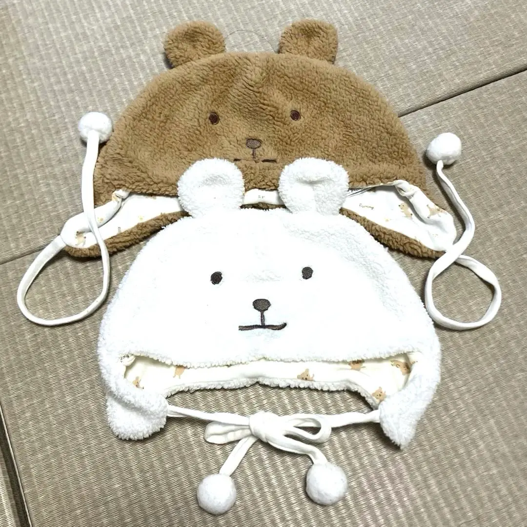 Thumbnail of Nishiki, 100% cotton, bear, hat, baby, child, bonnet, twins, bear ears, cold protection, 2 pieces
