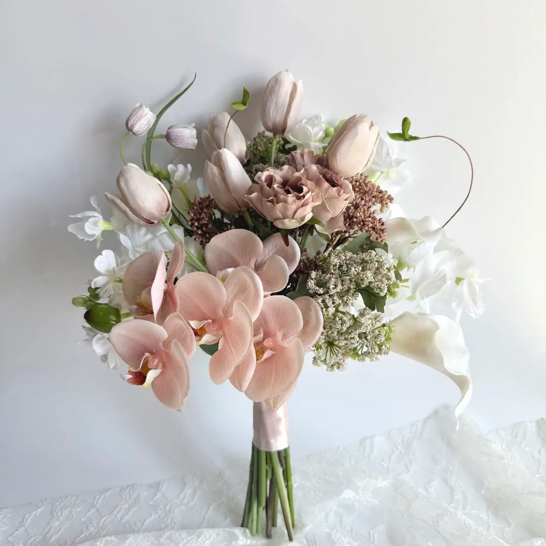 Thumbnail of Cream Pink Phalaenopsis Orchid ♡ Dusty Pink Wedding Bouquet & Boutonniere