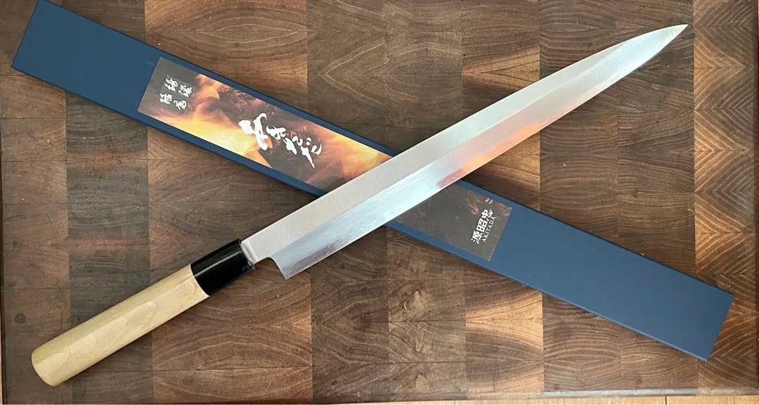 水野鍛錬所　源昭忠　青鋼　柳刃　尺　300mm 包丁　刺身　未使用　和包丁 水野鍛錬所「源昭忠」柳刃 刺身包丁 本鍛錬 青二鋼 9寸