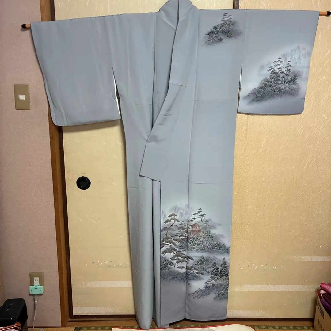 Thumbnail of Unused Homongi (Visiting Kimono) - Gray with Chaya Tsuji (Tea House Garden) Design