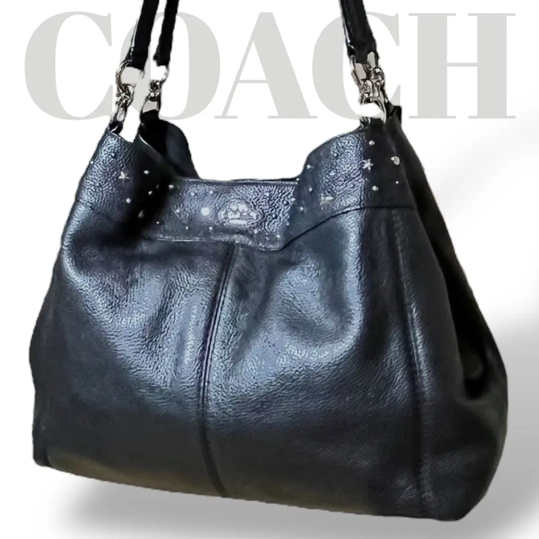 ✨️未使用 COACH スタッズ レザー トートバッグ チャーム付き ブラック コーチ レザー ゴールド金具 ロゴ チャーム付 トートバッグ