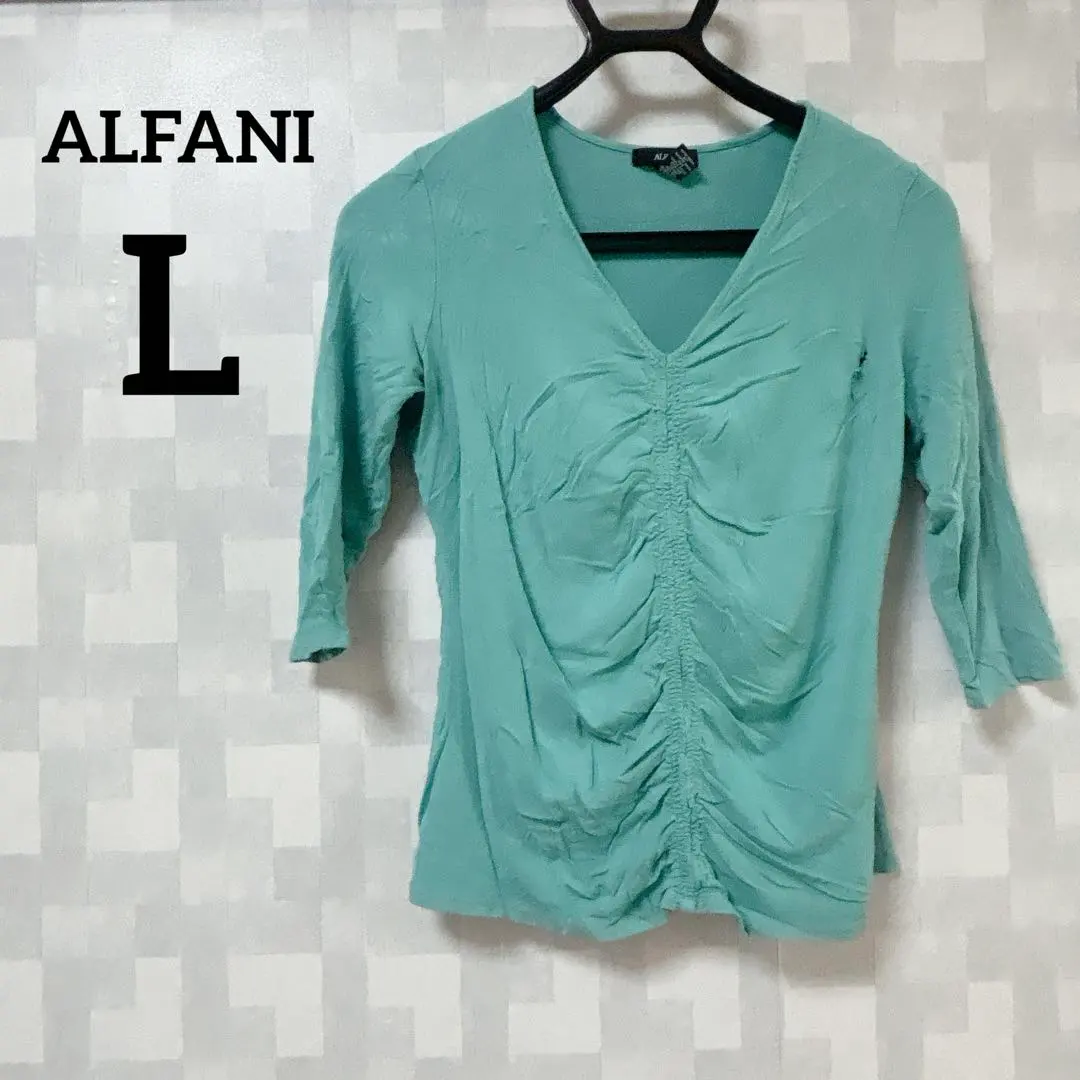 ALFANI 【L】綠松石色 V領 上衣 五分袖 褶皺 的縮圖