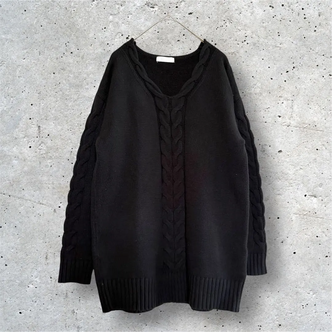 Thumbnail of Belle Maison DAYS V-neck knit sweater, black, cable knit, thick, L