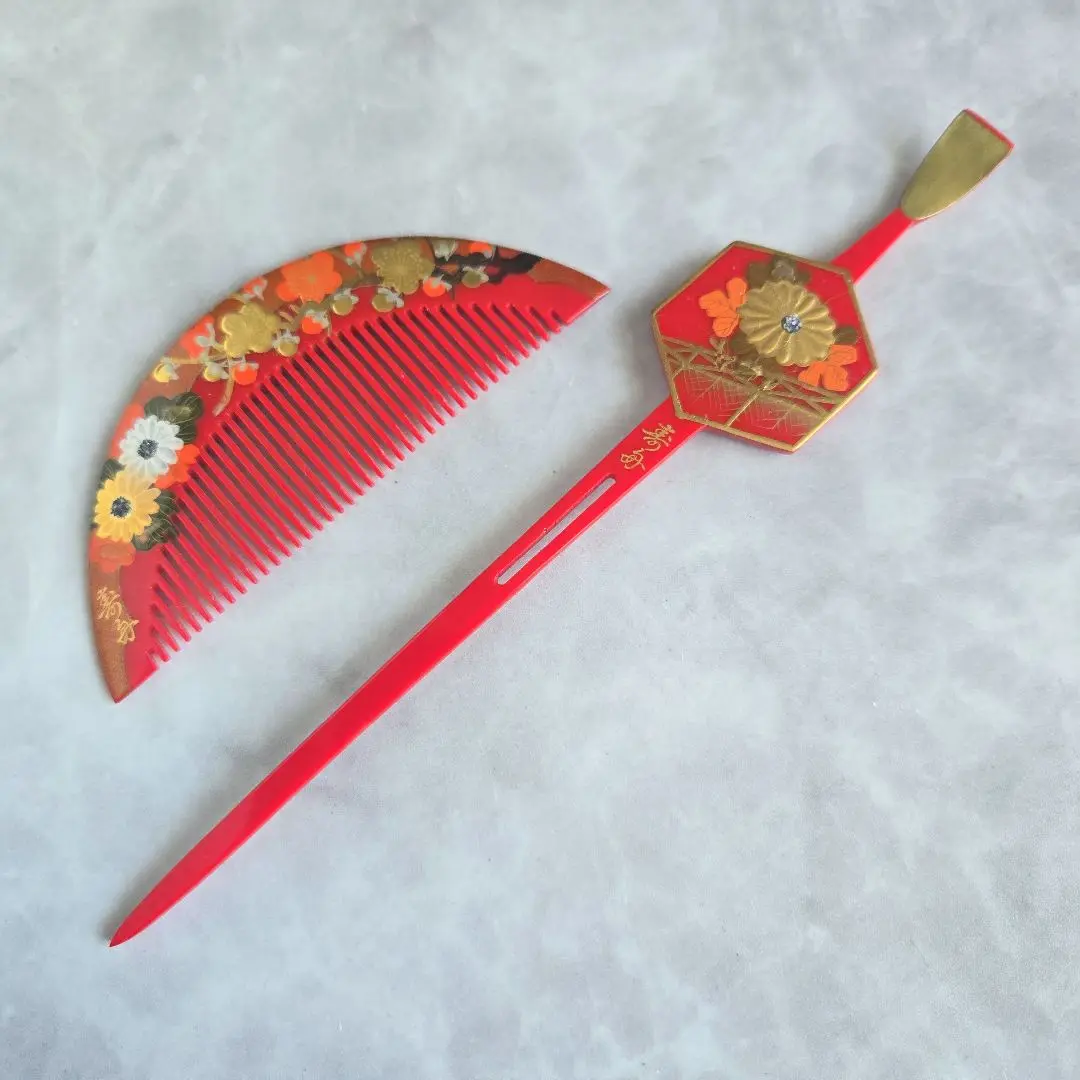 アンティーク　櫛　笄　鼈甲　金蒔絵　漆塗り　浮き彫り　金彩　在銘有　寿山 13796_518811827485498726058_90