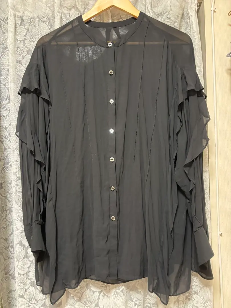 Thumbnail of Black frill sheer shirt, round neck