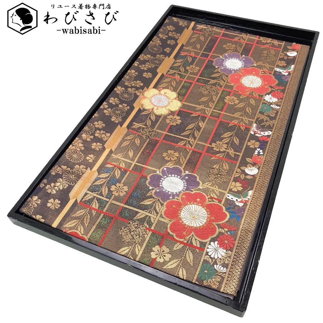 Thumbnail of Fukuro obi with cherry blossom and butterfly pattern, chrysanthemums, gold and silver thread, dark brown, for furisode (long-sleeved kimono) O-4779