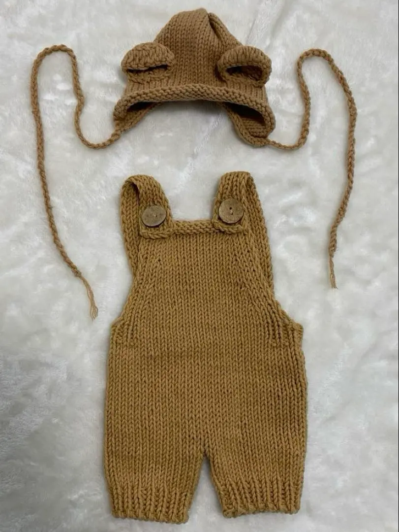 Thumbnail of Baby's Bear Ear Hat and Knit Overall Set