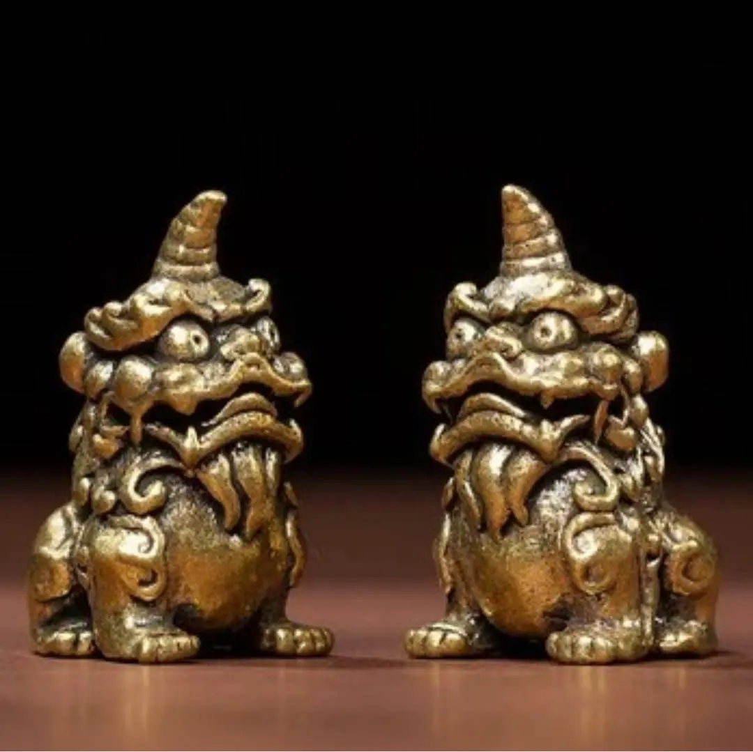 銅】☆ 文房 銅鍍金坐姿獬豸造像 ☆清朝期伝説神獣 細密鋳造雅玩雑項