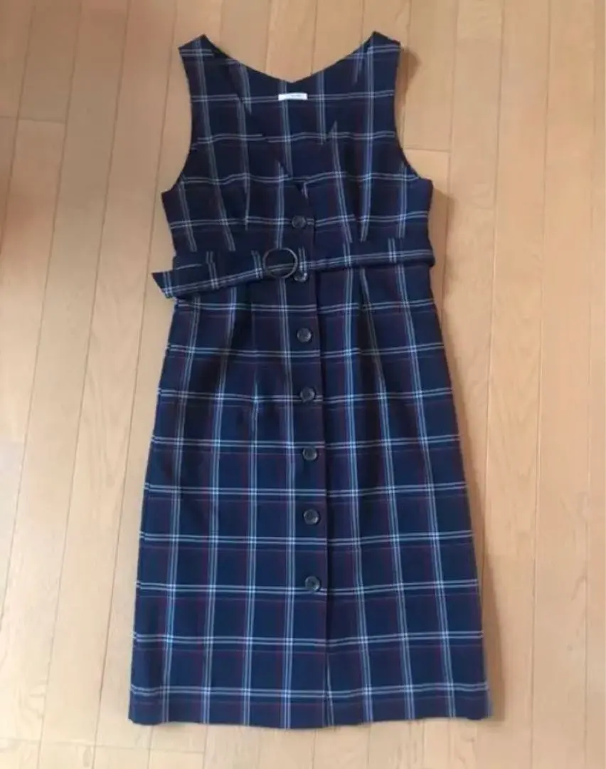Thumbnail of Jumper skirt, navy, check, dress, with belt