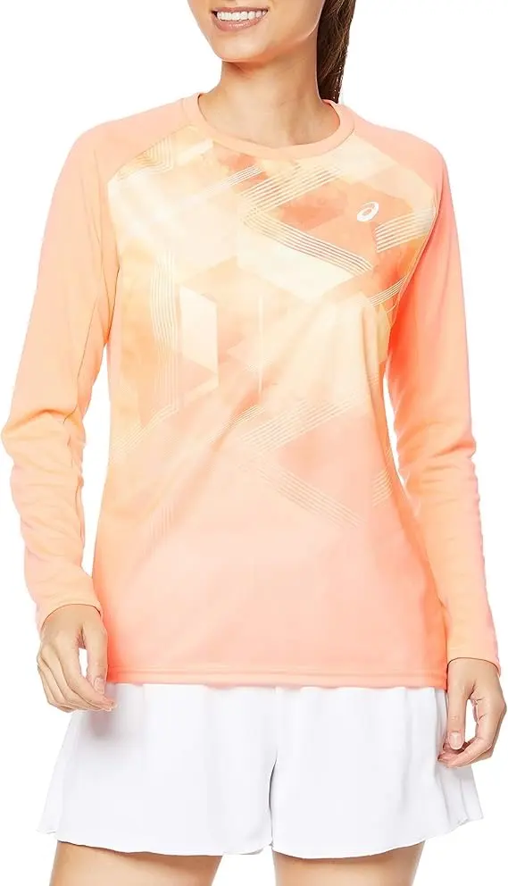 ASICS CLUB W'S 女款圖案長袖 M 珊瑚紅 的縮圖