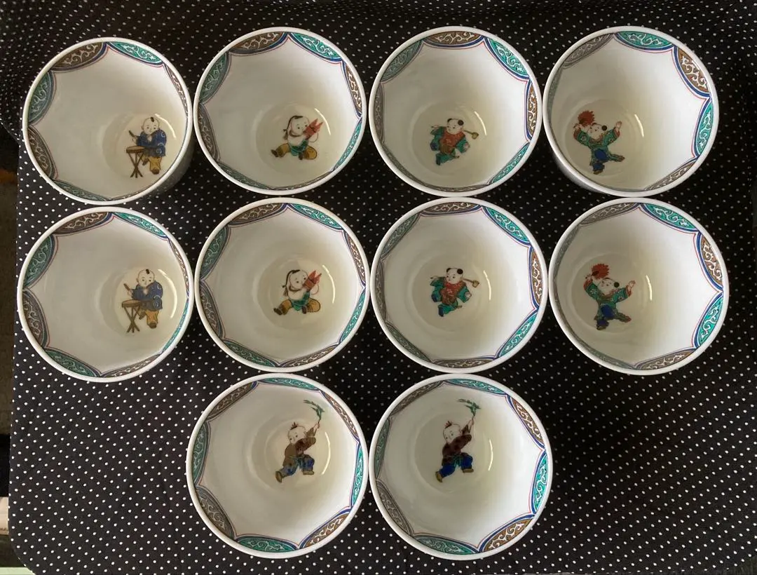Thumbnail of Kutani-yaki, Seikou Kiln, Assorted Color Karako Teacups, Set of 10, Showa Vintage, No Box