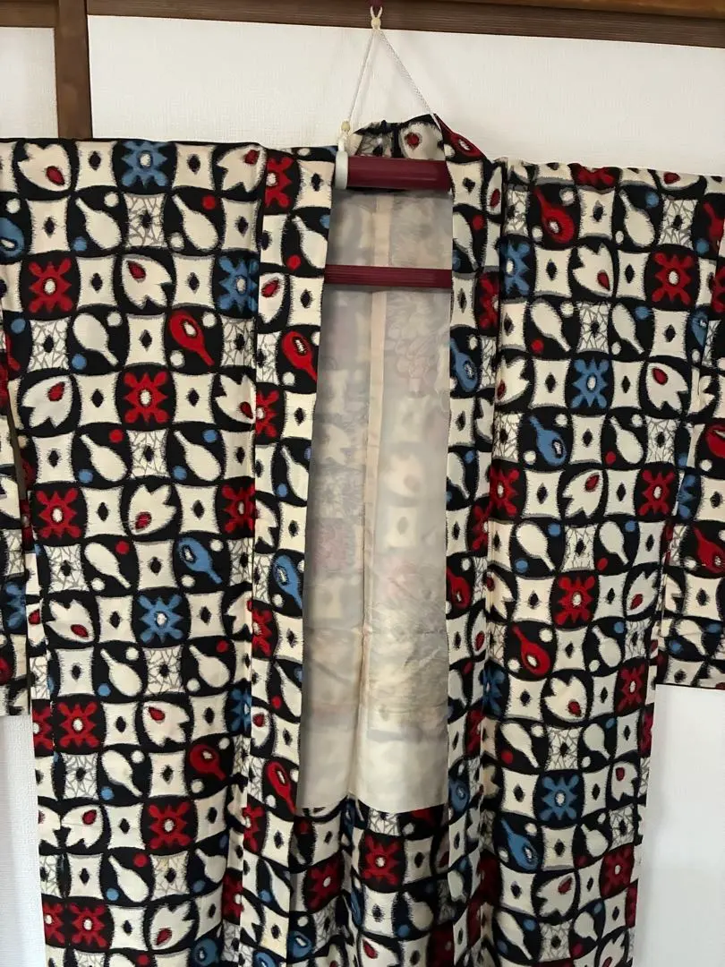 羽織 紅藍幾何圖案 銘仙 復古普普風 古董 的縮圖