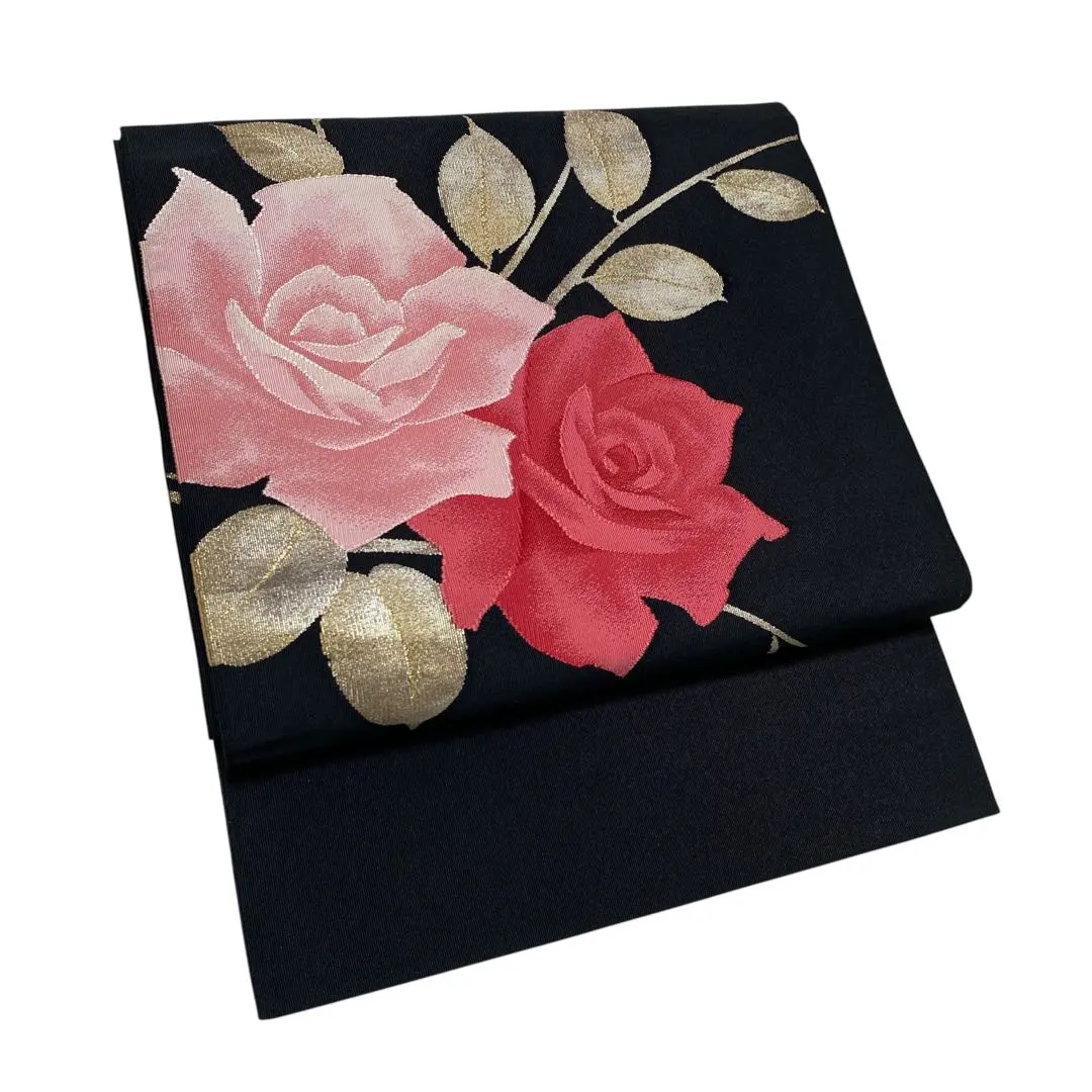 Thumbnail of Nagoya obi, black, woven with a lustrous rose pattern