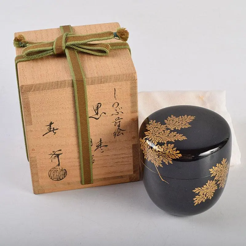 Thumbnail of Tea Ceremony Utensils, Lacquer Artist: Harusai Maezaki, Shinobu Maki-e Black Natsume (Tea Caddy), Inner Silver Lacquer, Natsume (Tea Caddy), Kime-bako (Authentication Box), F, R9427