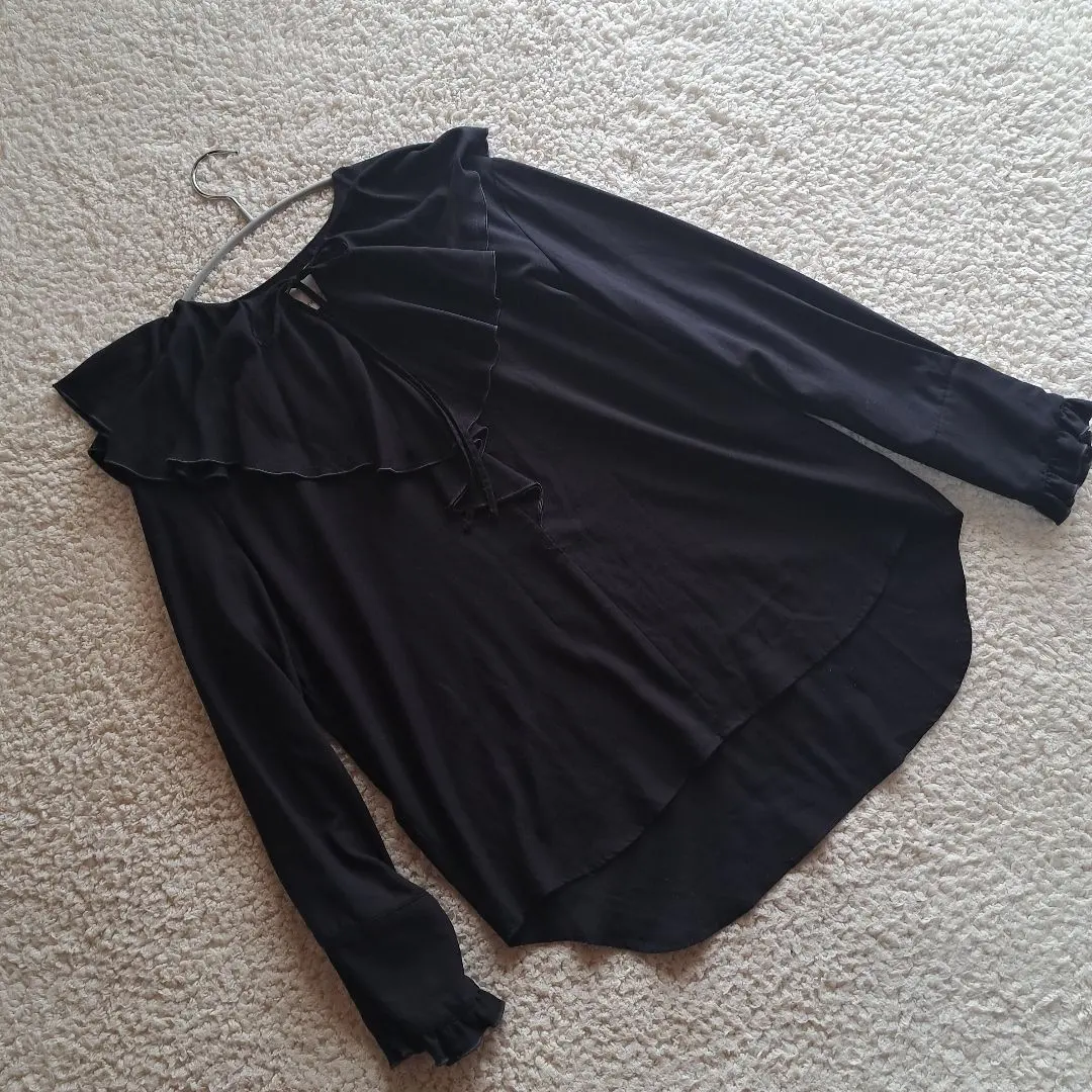 Thumbnail of Maclere Ruffle Collar Long Sleeve Blouse, Chest Ribbon, Black, 38