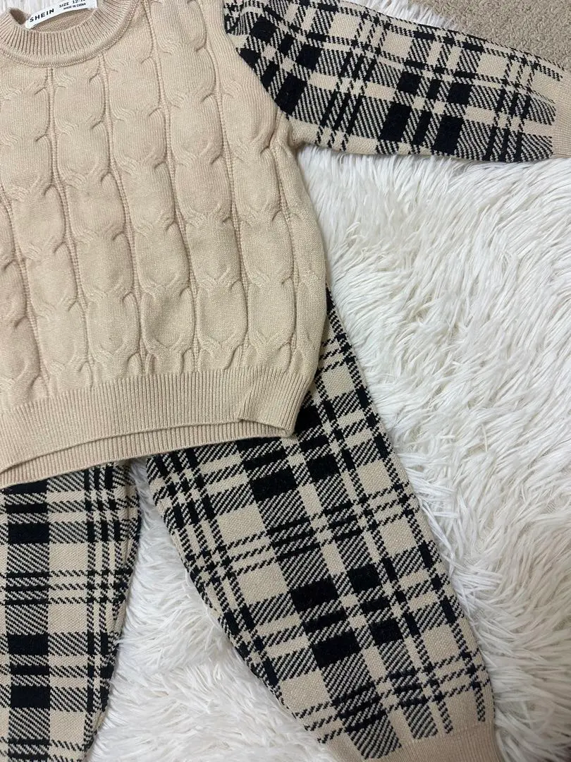 Thumbnail of Beige Black Checkered Knit Sweater Set