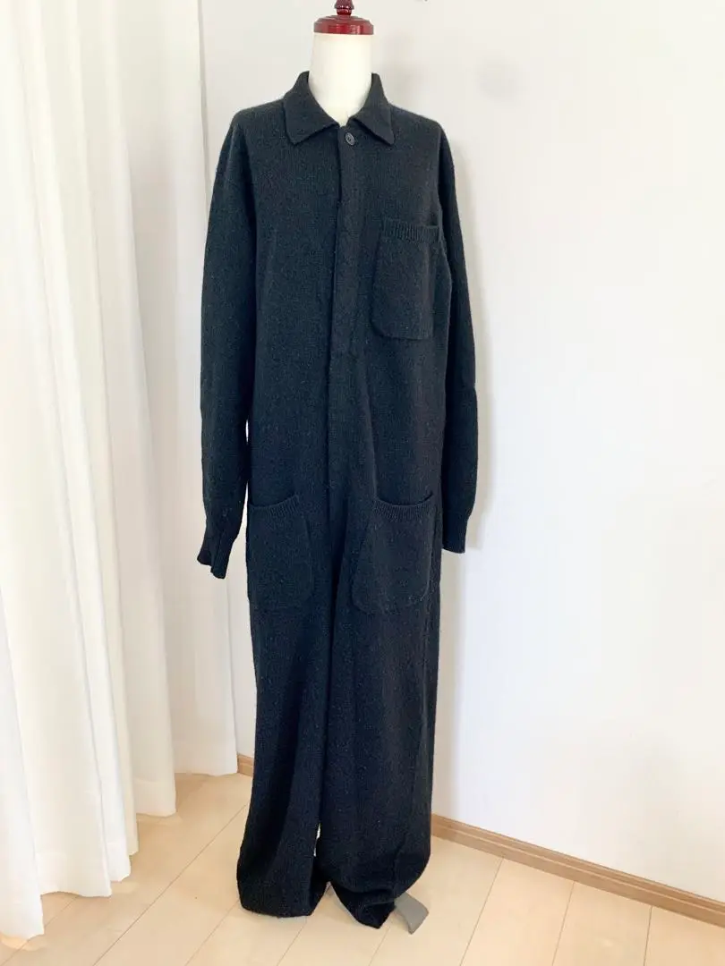 希少80s丸文字 ヨウジヤマモト ファム黒ウールギャバオールインワンつなぎ Yohji Yamamoto (ヨウジヤマモト) 70s - 80s 丸文字タグ