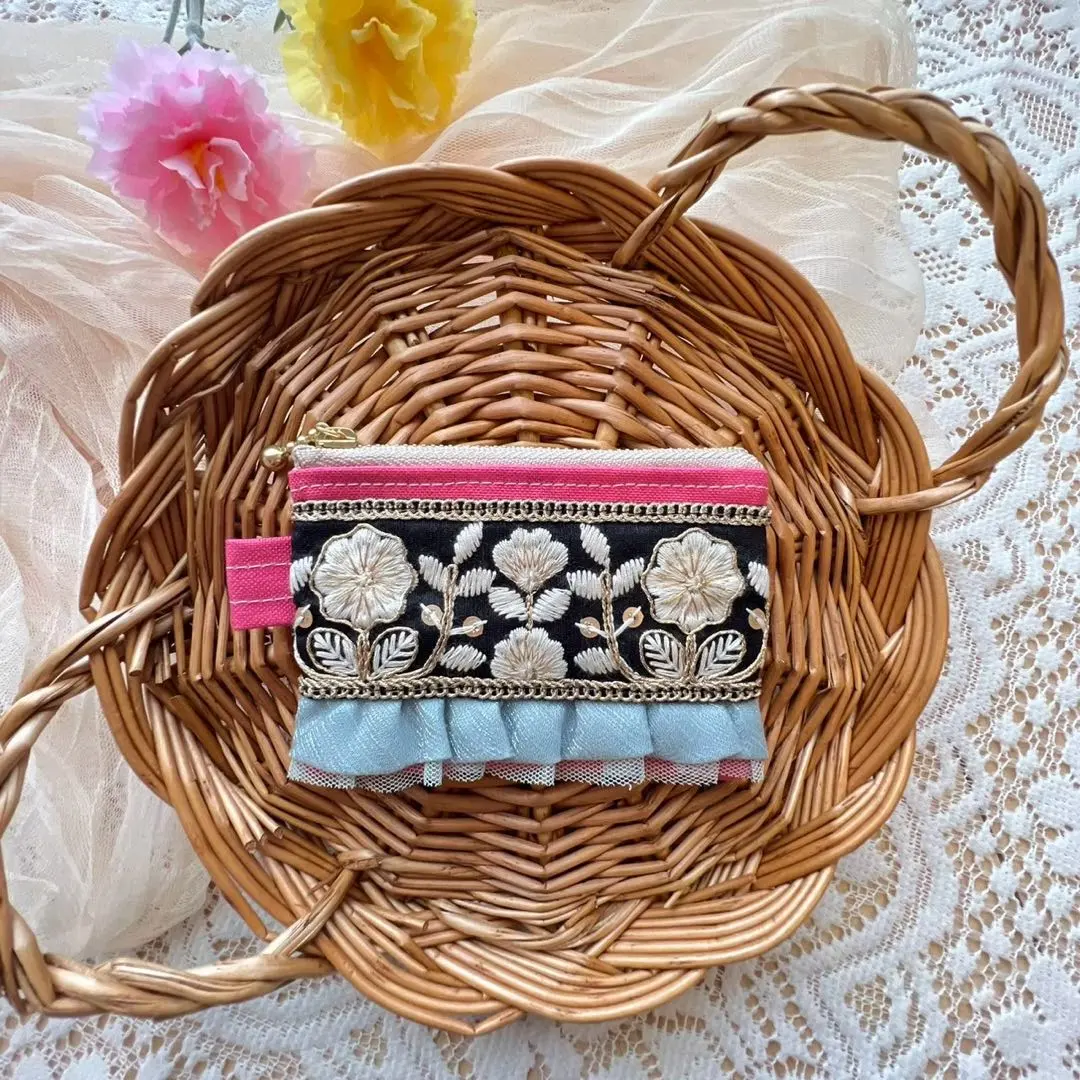 Thumbnail of 12. Indian Embroidery Ribbon Handmade Pouch Canvas Fabric Floral Pattern Frill Small Item Holder