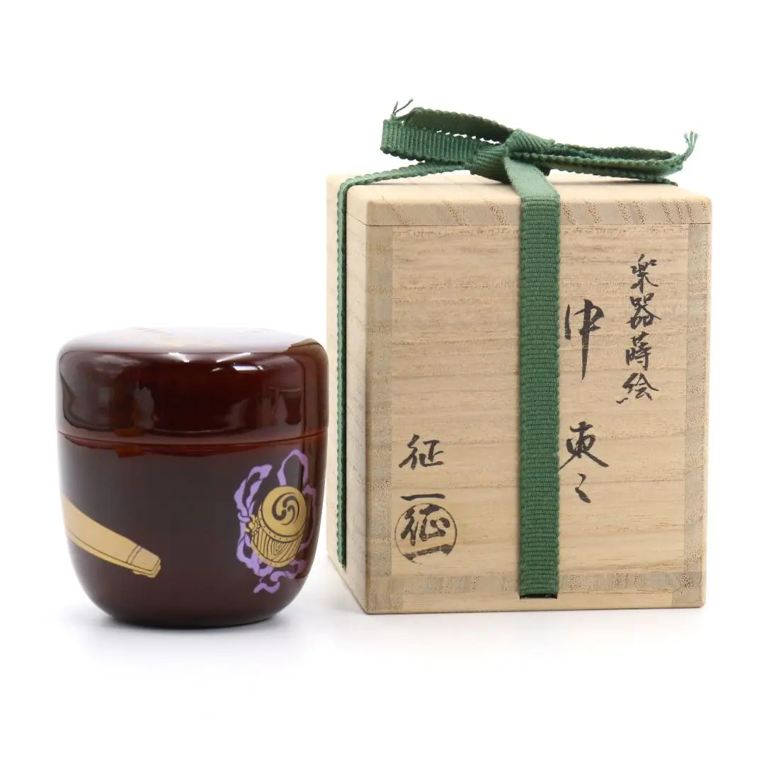 茶道具　山中塗　早見征一作　白漆　花筏蒔絵　平棗　共箱　V　8211 茶道具 山中塗 早見征一作 白漆 花筏蒔絵 平棗 共箱 V 8211