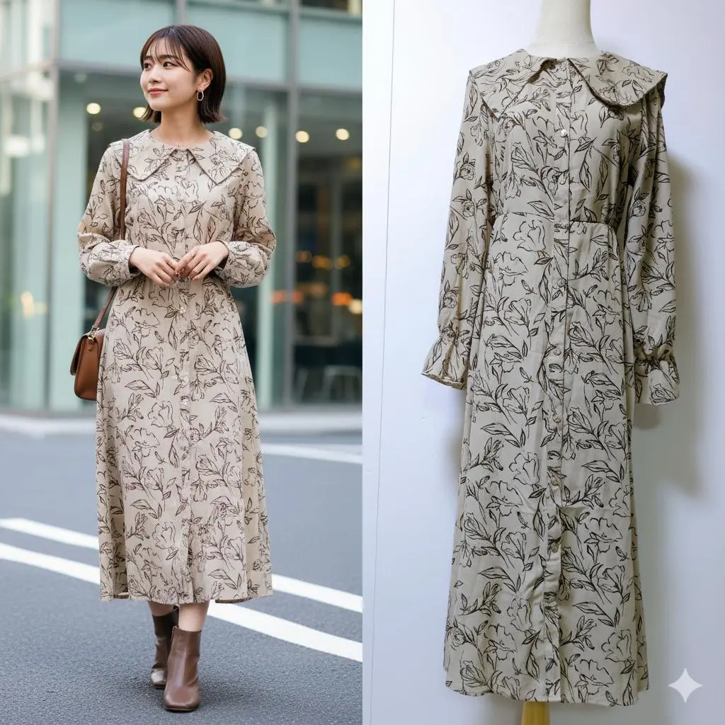 Thumbnail of Cutie Blonde Floral Dress Beige Long Sleeve Long Length Frill Sleeves Beautiful Condition