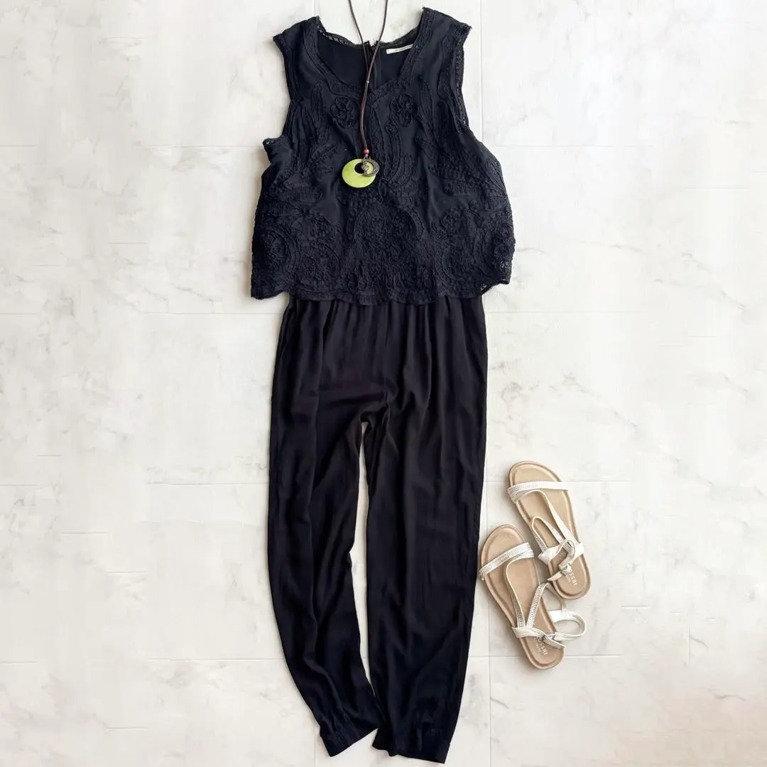 値下ne Quittez pas☆カットワーク　オールインワン☆ネイビー☆美品♪ ne Quittez pas☆カットワーク オールインワン☆ネイビー☆美品