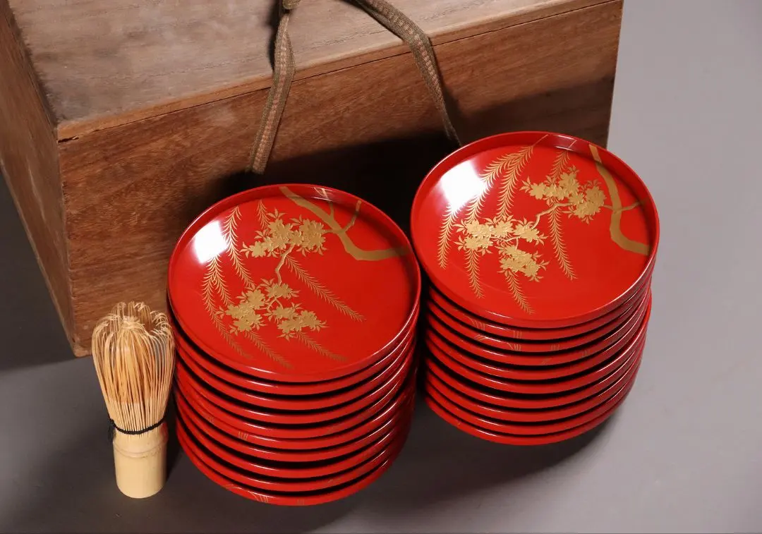 【流】茶懐石道具 朱塗竹蒔絵蒔絵引盃十客 CG472 懐石道具（会席道具） 盃 引盃 上 朱 本漆塗り 木製 5客セット