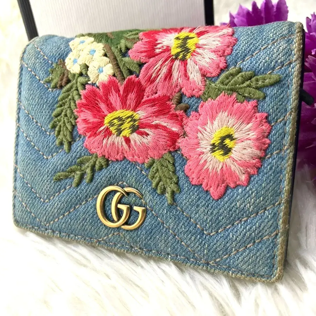 【GUCCI】グッチ　GGマーモント　デニムウォレット　花柄　ラウンドファスナー GUCCI グッチ 財布 レディース ブランド 長財布 GGマーモント