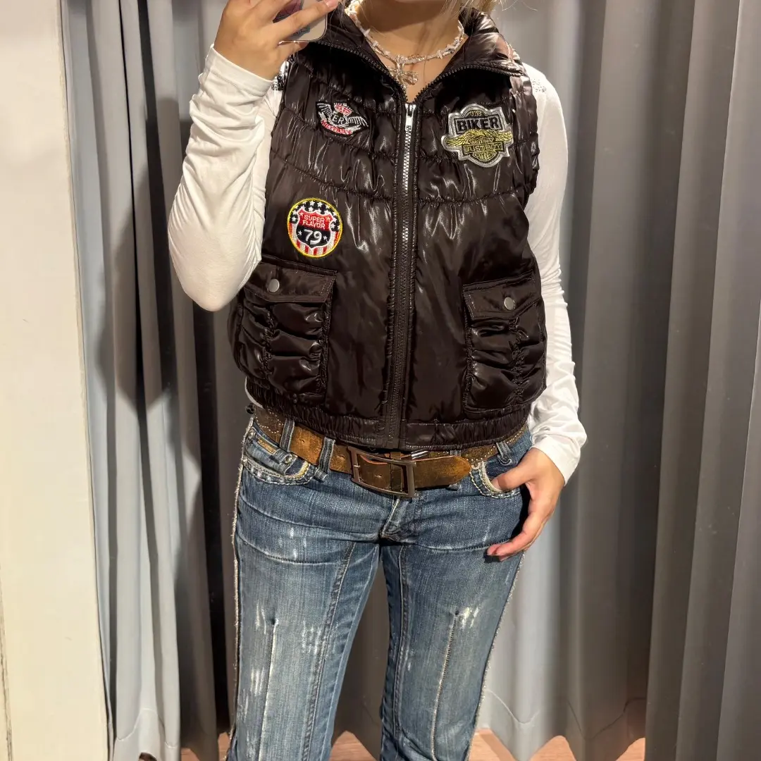 Thumbnail of Heisei mouthvalley down vest, brown, patch, zip-up, 00s, gyaru, y2k
