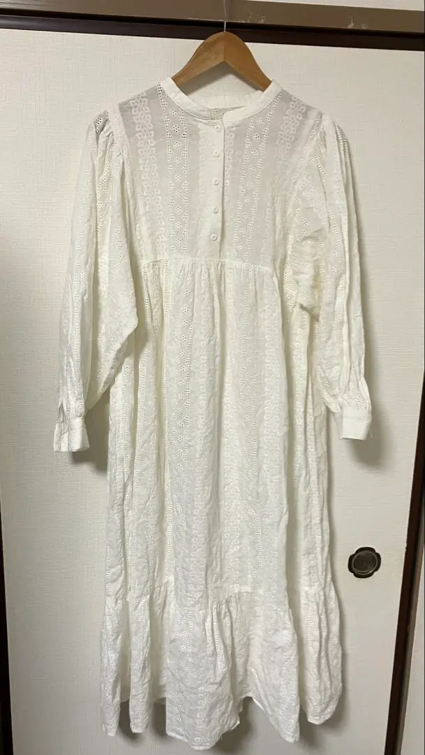 Thumbnail of Shirt dress, floral pattern, all-over embroidery, long length, white, no collar