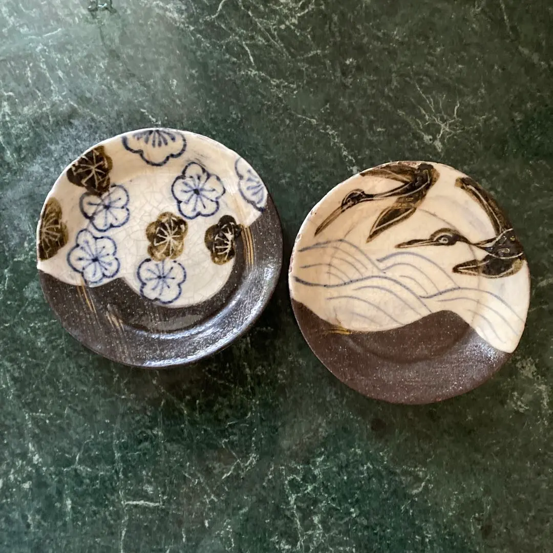 Thumbnail of Small plum and crane dishes, 2 pieces, antique