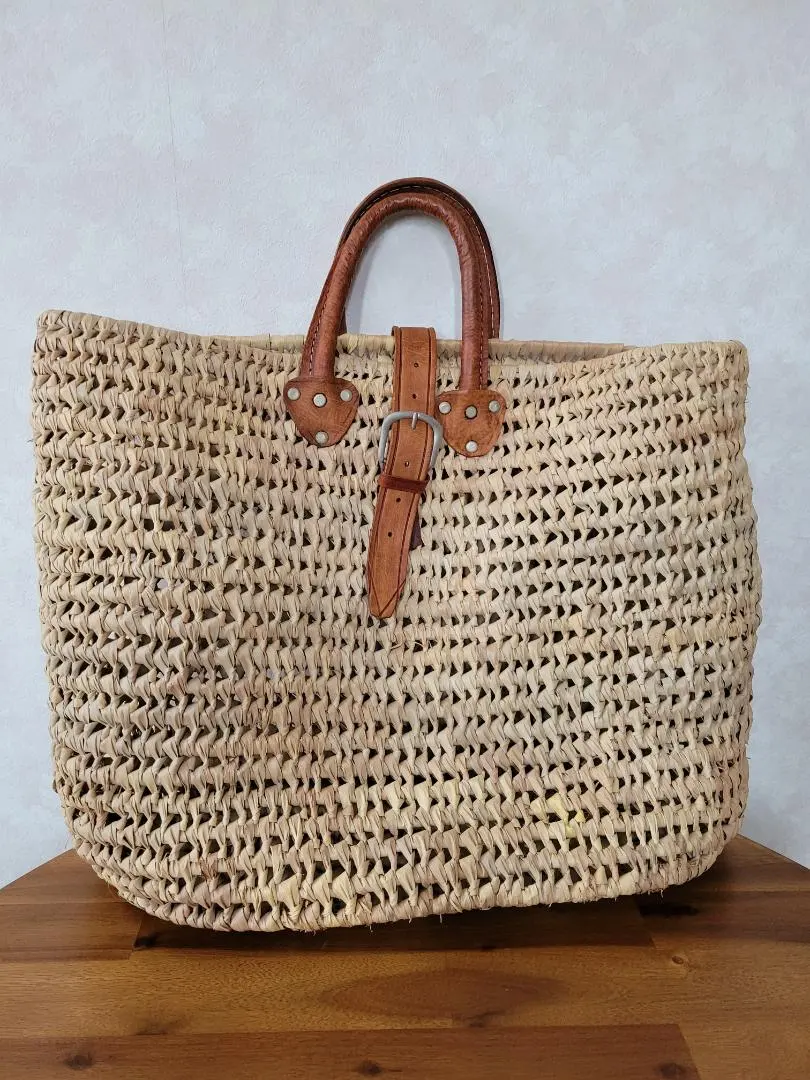 Thumbnail of Handmade woven basket bag with leather handles, antique style